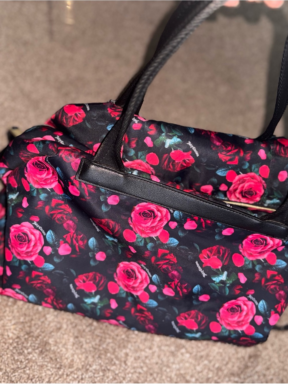 Juicy Couture Black Shoulder Tote with Pink Rose Print - Picture 4 of 4